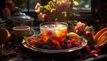 ai generado Fresco Fruta en un de madera mesa, naturaleza sano gastrónomo postre generado por ai foto