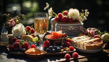 ai generado un rústico picnic mesa con Fresco bayas, vino, y chocolate generado por ai foto