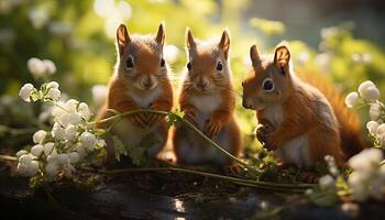 AI generated Cute small mammal sitting in grass, looking at young rabbit generated by AI photo