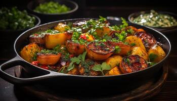 ai generado A la parrilla vegetariano comida, cocido con Fresco orgánico vegetales en emitir hierro generado por ai foto