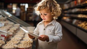 AI generated Cute blond toddler happily choosing groceries in supermarket with family generated by AI photo