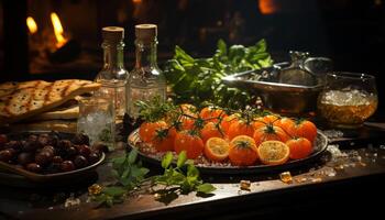 AI generated Fresh tomato salad on wooden table, healthy vegetarian meal generated by AI photo