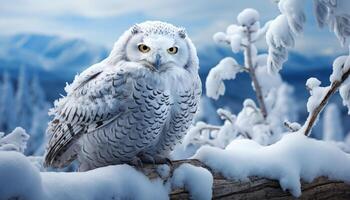 AI generated Snowy owl perched on branch, staring with piercing blue eyes generated by AI photo
