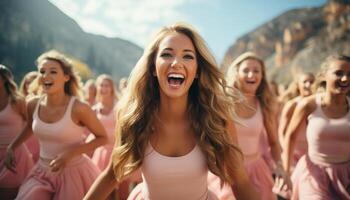 ai generado joven adultos disfrutando un despreocupado verano, sonriente y bailando al aire libre generado por ai foto