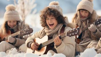 ai generado dos sonriente muchachas jugando guitarra al aire libre en invierno, teniendo divertido generado por ai foto
