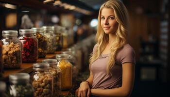 AI generated Young woman smiling, holding a jar of fresh organic food generated by AI photo