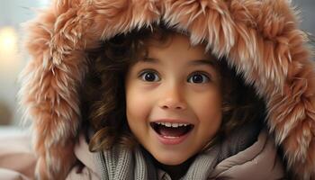 ai generado sonriente niño en invierno, linda y alegre, mirando a cámara generado por ai foto