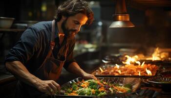 AI generated One man cooking healthy meal, expertly preparing fresh vegetables generated by AI photo