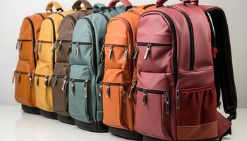 AI generated Fashionable backpacks for students, carrying knowledge on their journey generated by AI photo