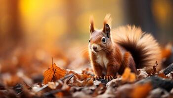 AI generated Cute small mammal sitting on branch, eating acorn in autumn generated by AI photo