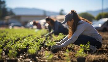 ai generado joven adultos sonriente, plantando verduras, disfrutando el al aire libre juntos generado por ai foto