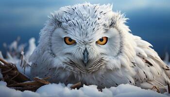 ai generado águila búho, majestuoso pájaro, encaramado en Nevado rama, curioso generado por ai foto