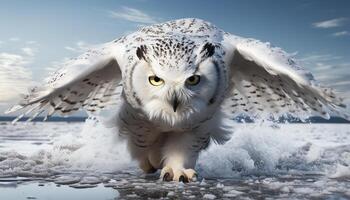 ai generado águila búho altísimo, nieve cubierto alas desparramar, feroz mirada perforación generado por ai foto