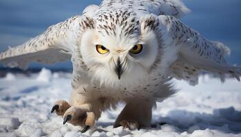 AI generated Bird of prey, eagle owl, flying in snowy winter generated by AI photo