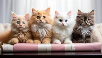 AI generated Cute kitten sitting, looking playful, surrounded by fluffy friends generated by AI photo