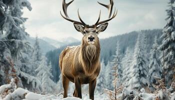 AI generated Majestic stag grazes in snowy meadow, surrounded by tranquil beauty generated by AI photo