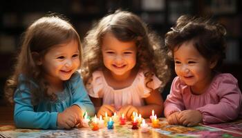 ai generado Tres alegre muchachas sonriente, jugando, unión, celebrando cumpleaños adentro generado por ai foto