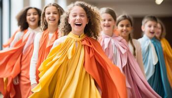 ai generado un alegre grupo de niños jugando, sonriente, y aprendizaje juntos generado por ai foto