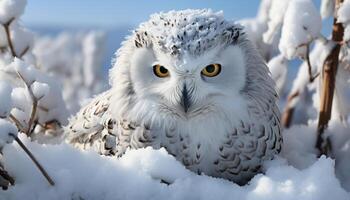 AI generated Snowy owl perching on branch, staring with wisdom in snowy forest generated by AI photo