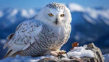 ai generado majestuoso águila búho posado, curioso a cámara en Nevado bosque generado por ai foto