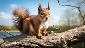 AI generated Cute mammal sitting on branch, looking at camera in forest generated by AI photo