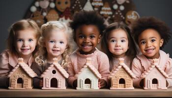 ai generado sonriente muchachas jugando, decorando pan de jengibre casa, disfrutando infancia divertido generado por ai foto