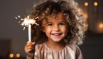 ai generado un lindo, sonriente niña disfrutando un cumpleaños fiesta adentro generado por ai foto