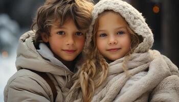 ai generado sonriente niño al aire libre, linda Niños abrazando, felicidad en naturaleza generado por ai foto