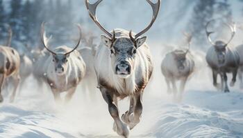 ai generado ciervo manada pasto en Nevado bosque, invierno paisaje, naturaleza belleza generado por ai foto