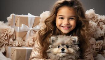 AI generated Cute small child smiling, holding puppy, pure joy indoors generated by AI photo