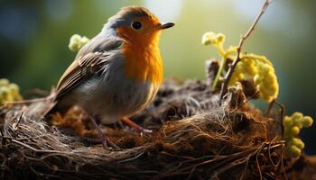 AI generated Cute yellow songbird perching on branch, surrounded by nature generated by AI photo