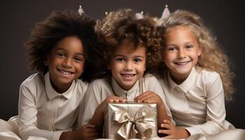 AI generated Smiling children holding gift, celebrating birthday with joy and excitement generated by AI photo