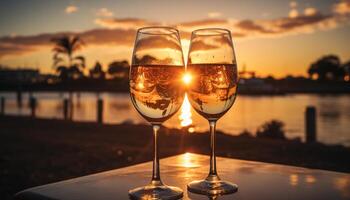 AI generated Romantic sunset, drinking wine outdoors, celebrating love and relaxation generated by AI photo