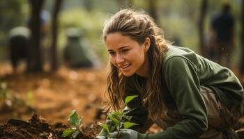 AI generated One woman smiling, enjoying nature, planting in the green forest generated by AI photo