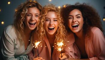 AI generated Young adults enjoying a carefree night, smiling and laughing together generated by AI photo