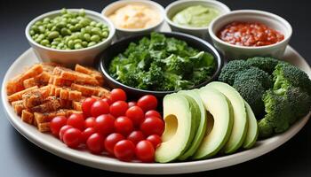 ai generado frescura en plato sano comiendo, gastrónomo ensalada, vegetariano comida generado por ai foto