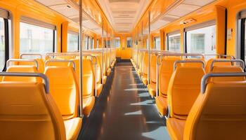 AI generated Empty bus interior with comfortable seats, bright blue flooring generated by AI photo