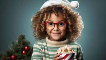 AI generated Smiling child, cute portrait, cheerful winter, looking at camera generated by AI photo