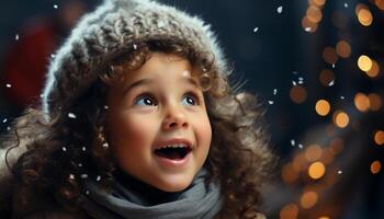 AI generated Smiling winter girl, cute and cheerful, enjoying the snow outdoors generated by AI photo