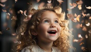 ai generado un lindo, sonriente niña disfrutando un alegre cumpleaños celebracion adentro generado por ai foto