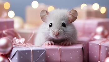 AI generated A cute, fluffy rat sits in a gift box indoors generated by AI photo