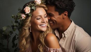 ai generado joven Pareja abrazando, sonriente, en amar, disfrutando unión y felicidad generado por ai foto