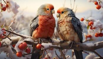 ai generado un linda guacamayo encaramado en un rama, comiendo vistoso Fruta generado por ai foto