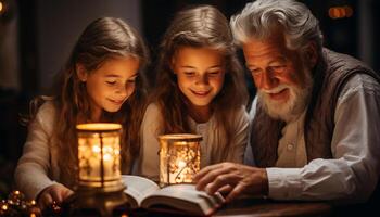 ai generado sonriente muchachas leyendo libro, unión en multi Generacion cristiano familia generado por ai foto