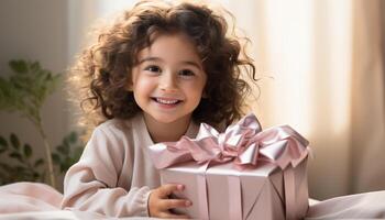 AI generated Smiling girl holding gift, celebrating birthday with family, pure joy generated by AI photo