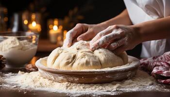 AI generated Homemade bread baking in rustic kitchen, family preparing meal together generated by AI photo