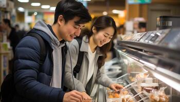 AI generated Two young women and men smiling, buying groceries in a supermarket generated by AI photo