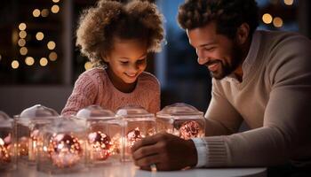 AI generated A joyful family celebrates Christmas, love and togetherness indoors generated by AI photo