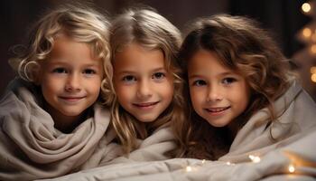 AI generated Three cute children smiling, embracing, and playing together in bed generated by AI photo