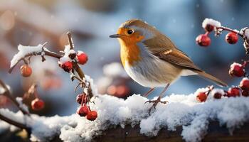 ai generado linda pájaro encaramado en Nevado rama, disfrutando invierno tranquilidad generado por ai foto